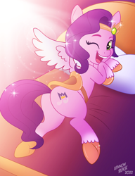 Size: 900x1171 | Tagged: safe, artist:lennonblack, part of a set, pipp petals, pegasus, pony, g5, bed, butt, female, happy, mare, one eye closed, open mouth, open smile, pipp butt, plot, saddle, smiling, tack, wink