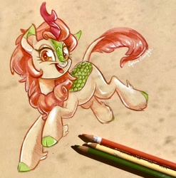Size: 2026x2048 | Tagged: safe, artist:sophillia, autumn blaze, kirin, awwtumn blaze, cloven hooves, colored pencil drawing, cute, female, kirinbetes, looking at you, simple background, smiling, solo, traditional art