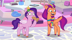 Size: 3072x1727 | Tagged: safe, screencap, pipp petals, sunny starscout, earth pony, pegasus, pony, g5, making a meal of it, my little pony: tell your tale, spoiler:g5, spoiler:my little pony: tell your tale, spoiler:tyts01e35, bag, drama queen pipp, duo, duo female, female, high res, hyperventilating, mane stripe sunny, mare, nervous sweat, open mouth, open smile, paper bag, pinpoint eyes, smiling, youtube link
