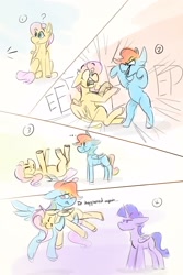 Size: 2000x3000 | Tagged: safe, artist:bluestarsburst, fluttershy, rainbow dash, twilight sparkle, alicorn, pegasus, pony, g4, ..., comic, faint, fainting goat, high res, holding a pony, hooves in air, lying down, on back, scared, spooked, twilight sparkle (alicorn), upside down