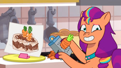 Size: 3072x1727 | Tagged: safe, screencap, sunny starscout, earth pony, pony, g5, making a meal of it, my little pony: tell your tale, spoiler:g5, spoiler:my little pony: tell your tale, spoiler:tyts01e35, cake, carrot, female, food, grin, high res, mane stripe sunny, mare, nervous, nervous smile, nervous sweat, smiling, solo, youtube link