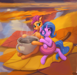 Size: 2000x1959 | Tagged: safe, artist:foxpit, izzy moonbow, sunny starscout, earth pony, pony, unicorn, g5, calm, cup, duo, female, happy, leaves, mare, miniature, one eye closed, relaxing, teacup, tiny, tiny ponies, water