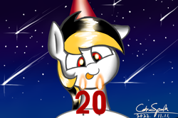 Size: 6000x4000 | Tagged: safe, artist:cdrspark, oc, oc only, oc:spark apocalypse, pegasus, pony, :p, birthday cake, cake, candle, female, food, hat, night, night sky, party hat, pegasus oc, shooting star, sky, solo, tongue out