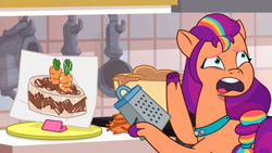 Size: 3072x1727 | Tagged: safe, screencap, sunny starscout, earth pony, pony, g5, making a meal of it, my little pony: tell your tale, spoiler:g5, spoiler:my little pony: tell your tale, spoiler:tyts01e35, cake, carrot, female, food, high res, mane stripe sunny, mare, open mouth, solo, youtube link