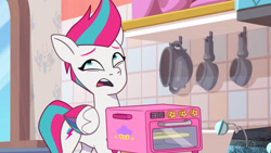 Size: 3072x1727 | Tagged: safe, screencap, zipp storm, pegasus, pony, g5, making a meal of it, my little pony: tell your tale, spoiler:g5, spoiler:my little pony: tell your tale, spoiler:tyts01e35, easybake oven, female, high res, mare, open mouth, oven, solo, stove, youtube link