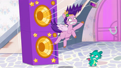 Size: 3072x1727 | Tagged: safe, screencap, pipp petals, sparky sparkeroni, dragon, pegasus, pony, g5, my little pony: tell your tale, panic on harvest & hugs day, spoiler:g5, spoiler:my little pony: tell your tale, spoiler:tyts01e35, baby, baby dragon, cellphone, duo, duo male and female, female, high res, male, mare, phone, pinpoint eyes, pipp petals is best facemaker, smartphone, speaker, youtube link