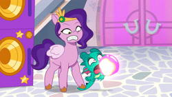 Size: 3072x1727 | Tagged: safe, screencap, pipp petals, sparky sparkeroni, dragon, pegasus, pony, g5, my little pony: tell your tale, panic on harvest & hugs day, spoiler:g5, spoiler:my little pony: tell your tale, spoiler:tyts01e35, baby, baby dragon, duo, duo male and female, faic, female, high res, male, mare, open mouth, out of context, pain, pinpoint eyes, speaker, youtube link