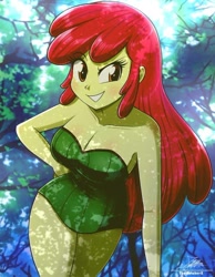 Size: 720x929 | Tagged: safe, artist:the-butch-x, apple bloom, human, equestria girls, g4, bare shoulders, blushing, breasts, busty apple bloom, cleavage, clothes, commission, cosplay, costume, crossover, dc comics, female, forest, grin, leotard, looking at you, older, older apple bloom, poison ivy, sexy, sleeveless, smiling, smiling at you, solo, strapless, stupid sexy apple bloom