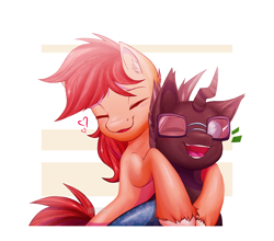 Size: 2500x2200 | Tagged: safe, artist:i'm_aleh, oc, oc only, oc:cottonwood kindle, oc:tarsi, changeling, earth pony, pony, changeling oc, commission, duo, duo male, earth pony oc, glasses, heart, high res, hug, male, smiling, stallion, ych result