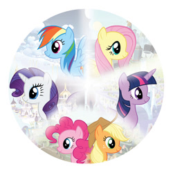 Size: 1024x1024 | Tagged: safe, applejack, fluttershy, pinkie pie, rainbow dash, rarity, twilight sparkle, alicorn, earth pony, pegasus, pony, unicorn, g4, official, album cover, canterlot, cloudsdale, crystal empire, explore equestria, explore equestria: greatest hits, female, mane six, manehattan, mare, my little pony logo, ponyville, record, simple background, sweet apple acres, twilight sparkle (alicorn), white background