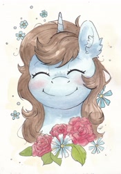 Size: 4701x6704 | Tagged: safe, artist:lightisanasshole, oc, oc only, oc:pawsie hooves, pony, unicorn, blushing, bust, eyes closed, flower, forget-me-not (flower), horn, leaf, portrait, rose, smiling, solo, traditional art, unicorn oc, watercolor painting