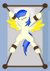 Size: 1536x2166 | Tagged: safe, artist:equestria secret guard, oc, oc:yun fluttershy, pegasus, pony, armpits, bed, bondage, eyes closed, female, gritted teeth, mare, on bed, pegasus oc, rope, rope bondage, sexy, solo, spread eagle, teeth, tied to bed, tied up, vector, wings
