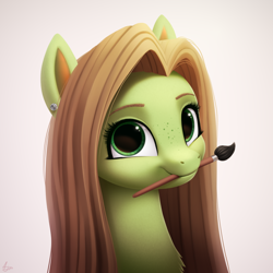 Size: 1000x1000 | Tagged: safe, artist:luminousdazzle, oc, oc only, oc:lumina, pegasus, pony, brush, bust, digital art, ear piercing, female, freckles, long mane, looking at you, mare, mouth hold, paintbrush, pegasus oc, piercing, portrait, profile picture, signature, simple background, smiling, smiling at you, solo, white background