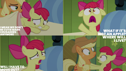 Size: 4400x2475 | Tagged: safe, edit, edited screencap, editor:quoterific, screencap, apple bloom, applejack, earth pony, pony, bloom & gloom, g4, season 5, apple bloom's bow, apple sisters, applejack's hat, blanket, bow, cowboy hat, duo, duo female, female, filly, foal, freckles, frown, hair bow, hat, implied scootaloo, implied sweetie belle, mare, nervous, open mouth, panicking, scared, siblings, sisters, tucking in, worried