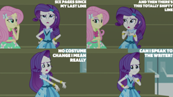 Size: 4400x2475 | Tagged: safe, edit, edited screencap, editor:quoterific, screencap, fluttershy, rarity, human, equestria girls, friendship games bloopers, g4, blooper, breaking the fourth wall, complaining, duo, duo female, eyeshadow, female, grin, gritted teeth, laughing, makeup, open mouth, smiling, snickering, teeth