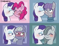 Size: 1800x1400 | Tagged: safe, artist:dimbulb, limestone pie, marble pie, maud pie, pinkie pie, rarity, earth pony, pony, unicorn, g4, :p, blushing, cheek kiss, eyes closed, female, kissing, lesbian, limetsun pie, looking at each other, looking at someone, marbity, pie sisters, raristone, rarity gets all the mares, ship:rarimaud, ship:raripie, shipping, siblings, sisters, smiling, tongue out, tsundere