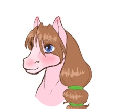 Size: 806x693 | Tagged: safe, artist:luna_mcboss, oc, oc only, oc:yamire, clydesdale, earth pony, pony, bangs, blaze (coat marking), blue eyes, blushing, brown hair, bust, coat markings, ear blush, earth pony oc, facial markings, hair tie, hoers, long hair, looking offscreen, pink coat, pony oc, shiny eyes, simple background, smiling, solo, white background