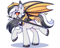 Size: 3000x2398 | Tagged: safe, artist:stesha, oc, oc only, oc:storm cloud river's, bat pony, pony, bat pony oc, bat wings, chest fluff, colored wings, ear fluff, female, freckles, full body, high res, looking away, mare, mouth hold, multicolored mane, multicolored tail, redraw, simple background, solo, spread wings, sword, tail, two toned wings, weapon, white background, wings