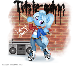 Size: 2024x1760 | Tagged: safe, artist:vinilyart, trixie, pony, unicorn, semi-anthro, g4, arm hooves, baseball bat, bipedal, boombox, clothes, dc comics, female, harley quinn, midriff, solo