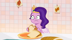 Size: 3072x1727 | Tagged: safe, screencap, pipp petals, pegasus, pony, g5, making a meal of it, my little pony: tell your tale, spoiler:g5, spoiler:my little pony: tell your tale, spoiler:tyts01e35, bread, female, food, frown, high res, mare, pinpoint eyes, solo, youtube link