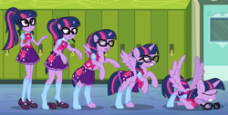 Size: 2249x1140 | Tagged: safe, artist:anonymous, sci-twi, twilight sparkle, alicorn, human, pony, equestria girls, g4, /ptfg/, alicorn sci-twi, animorphs, canterlot high, clothes, equestria girls ponified, eyes closed, female, glasses, gritted teeth, human female, human to pony, lockers, mare, open mouth, ponified, sci-twi outfits, sci-twilicorn, show accurate, socks, solo, spread wings, stocking feet, teeth, torn clothes, transformation, transformation sequence, twilight sparkle (alicorn), wing growth, wings