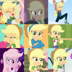 Size: 720x720 | Tagged: safe, artist:megalobronia, edit, screencap, applejack, fluttershy, sunset shimmer, human, cheer you on, do it for the ponygram!, equestria girls, equestria girls specials, fluttershy's butterflies, fluttershy's butterflies: applejack, g4, get the show on the road, i'm on a yacht, my little pony equestria girls, my little pony equestria girls: better together, my little pony equestria girls: holidays unwrapped, my little pony equestria girls: mirror magic, my little pony equestria girls: summertime shorts, saving pinkie's pie, tip toppings, tip toppings: applejack, applejack's hat, collage, cowboy hat, cute, hat, jackabetes, neon eg logo