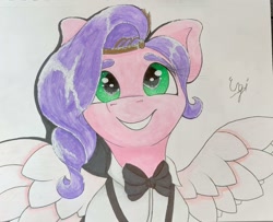 Size: 1900x1543 | Tagged: safe, artist:engi, pipp petals, pegasus, pony, g5, bowtie, clothes, crown, cute, eyebrows, female, jewelry, regalia, simple background, smiling, solo, spread wings, suspenders, traditional art, tuxedo, wings