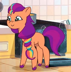 Size: 1330x1349 | Tagged: safe, screencap, sunny starscout, earth pony, pony, g5, making a meal of it, my little pony: tell your tale, spoiler:g5, spoiler:my little pony: tell your tale, spoiler:tyts01e35, cropped, cute, female, kitchen, mane stripe sunny, mare, oven, smiling, sparkly eyes, sunnybetes, unshorn fetlocks, wingding eyes