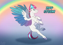 Size: 1400x1006 | Tagged: safe, artist:sunny way, zipp storm, pegasus, pony, g5, colored wings, cute, eyebrows, female, gradient wings, grin, lidded eyes, looking at you, mare, rainbow, shadow, slender, smiling, smiling at you, solo, spread wings, sternocleidomastoid, thin, wings