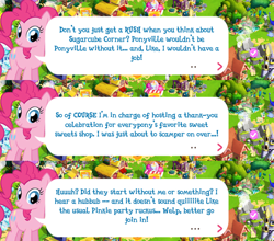 Size: 2048x1800 | Tagged: safe, gameloft, fluttershy, pinkie pie, earth pony, pony, g4, dialogue, dialogue box, english, event, female, mare, solo focus, speech bubble, text