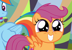 Size: 1164x816 | Tagged: safe, screencap, rainbow dash, scootaloo, pegasus, pony, g4, season 8, the washouts (episode), adorable face, cropped, cute, cutealoo, daaaaaaaaaaaw, dilated pupils, duo, duo female, female, filly, foal, folded wings, hnnng, mare, open mouth, sheepish grin, smiling, spread wings, too cute, weapons-grade cute, wings
