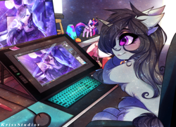 Size: 3440x2496 | Tagged: safe, artist:krissstudios, twilight sparkle, oc, alicorn, pony, unicorn, g4, chest fluff, cintiq, commission, drawing tablet, high res, horn, keyboard, monitor, plushie, solo, tablet, toy, twilight sparkle (alicorn), unicorn oc, ych result