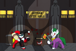 Size: 12000x8000 | Tagged: safe, artist:chedx, earth pony, pegasus, pony, batman, bowtie, crate, dc comics, dynamite, explosives, gotham city, green hair, harley quinn, jester outfit, lipstick, male, mallet, mask, pinstripes, ponified, spotlight, the joker, this will end in death, this will end in explosions, timer