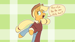 Size: 1920x1080 | Tagged: safe, artist:storyteller, applejack, earth pony, pony, g4, clothes, cute, denim, dialogue, female, jackabetes, jeans, mare, pants, pose, shirt, smiling, speech bubble, talking to viewer