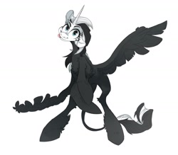 Size: 1920x1680 | Tagged: safe, artist:wacky-skiff, oc, oc only, alicorn, pony, :p, alicorn oc, black and white mane, chest fluff, female, fluffy, horn, leonine tail, mare, simple background, solo, spread wings, standing on two hooves, tail, tongue out, white background, wings