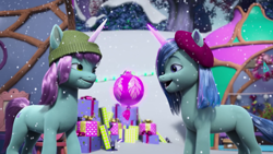 Size: 1920x1080 | Tagged: safe, screencap, mint grove, pony, unicorn, g5, my little pony: make your mark, my little pony: make your mark chapter 3, winter wishday, spoiler:g5, spoiler:winter wishday, beret, duo, female, glowing, glowing horn, hat, horn, magic, mare, telekinesis, unnamed character, unnamed pony