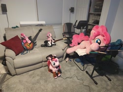 Size: 4000x3000 | Tagged: safe, artist:lanacraft, photographer:crescent star, pinkie pie, earth pony, pony, g4, bubble berry, clothes, controller, costume, couch, drums, game, guitar, guitar hero, guitar hero controller, halloween, halloween costume, irl, musical instrument, photo, plushie, rock band, rock band (game), rule 63, sitting