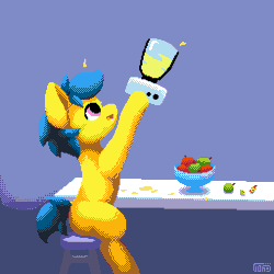 Size: 512x512 | Tagged: safe, artist:vohd, oc, oc only, oc:vohd, earth pony, pony, animated, apple, apple juice, dithering, dripping, food, gif, happy, juice, mixer, pixel art, sitting, table