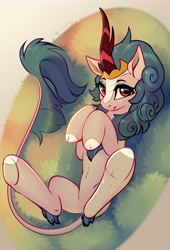 Size: 2779x4096 | Tagged: safe, artist:taneysha, rain shine, kirin, g4, cute, eyebrows, eyeshadow, female, high res, hooves to the chest, looking at you, lying down, makeup, on back, shineabetes, smiling, smiling at you, solo