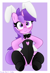 Size: 2811x4032 | Tagged: safe, artist:pabbley, artist:rainbowšpekgs, amethyst star, sparkler, pony, unicorn, g4, blushing, bunny ears, bunny suit, butt, clothes, cuffs (clothes), cute, female, hoof on hip, looking at you, mare, plot, simple background, smiling, smiling at you, socks, solo, stockings, thigh highs
