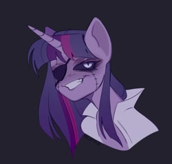 Size: 1136x1080 | Tagged: safe, artist:mupka, twilight sparkle, pony, unicorn, g4, alternate universe, black background, black sclera, bust, clothes, eyepatch, eyeshadow, female, makeup, mare, portrait, shirt, simple background, smiling, solo, stitches, unicorn twilight