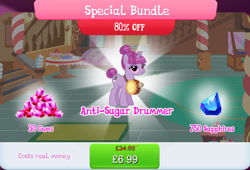 Size: 1267x861 | Tagged: safe, gameloft, idw, drum beet, pony, unicorn, g4, anti-sugar league, bundle, costs real money, drums, english, female, gem, horn, idw showified, mare, musical instrument, numbers, sale, solo, text