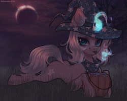 Size: 2500x2000 | Tagged: safe, artist:hakkerman, oc, oc only, pony, unicorn, :p, candy, clothes, costume, dark background, eclipse, food, halloween, halloween costume, hat, high res, holiday, horn, lying down, magic, magic aura, prone, pumpkin bucket, solo, telekinesis, tongue out, unicorn oc, witch hat