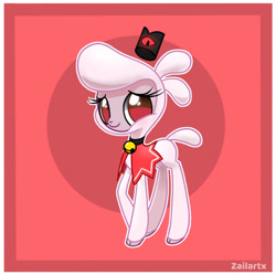 Size: 1024x1019 | Tagged: safe, artist:zailartx, pom (tfh), lamb, sheep, them's fightin' herds, adorapom, bell, bell collar, cloak, clothes, cloven hooves, collar, community related, crossover, cult of the lamb, cute, red background, red crown, red eyes, simple background, smiling