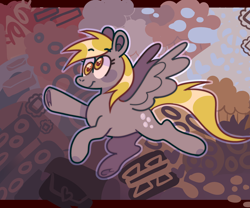 Size: 3300x2752 | Tagged: safe, artist:1racat, derpy hooves, pegasus, pony, g4, background pony, colored, flat colors, flying, food, high res, muffin, raised hoof, solo