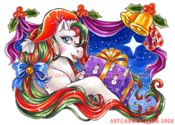 Size: 800x571 | Tagged: safe, artist:anniemsson, pony, g1, blushing, candy, candy cane, christmas, food, hat, holiday, present, santa hat, simple background, solo, stars, white background