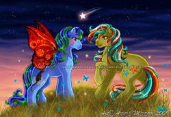 Size: 850x585 | Tagged: safe, artist:anniemsson, oc, oc only, butterfly, flutter pony, pony, unicorn, g1, blushing, female, mare, shooting star