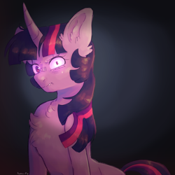 Size: 1000x1000 | Tagged: safe, artist:ponka-pie, derpibooru exclusive, twilight sparkle, pony, unicorn, g4, angry, chest fluff, dark background, ear fluff, female, glare, looking at you, mismatched eyes, painting, sharp teeth, solo, teeth, unicorn twilight