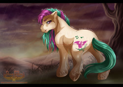Size: 1132x800 | Tagged: safe, artist:anniemsson, oc, oc only, oc:birdsong (solkatt), earth pony, pony, featureless crotch, letterboxing, looking at you, looking back, looking back at you, male, rain, solo, stallion, storm, tree, unshorn fetlocks