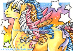 Size: 571x400 | Tagged: safe, artist:anniemsson, ringlet, pegasus, pony, g1, 2014, blushing, bow, colored wings, multicolored wings, passepartout, rainbow background, rainbow curl pony, rainbow wings, ringlets, solo, stars, tail, tail bow, traditional art, wings